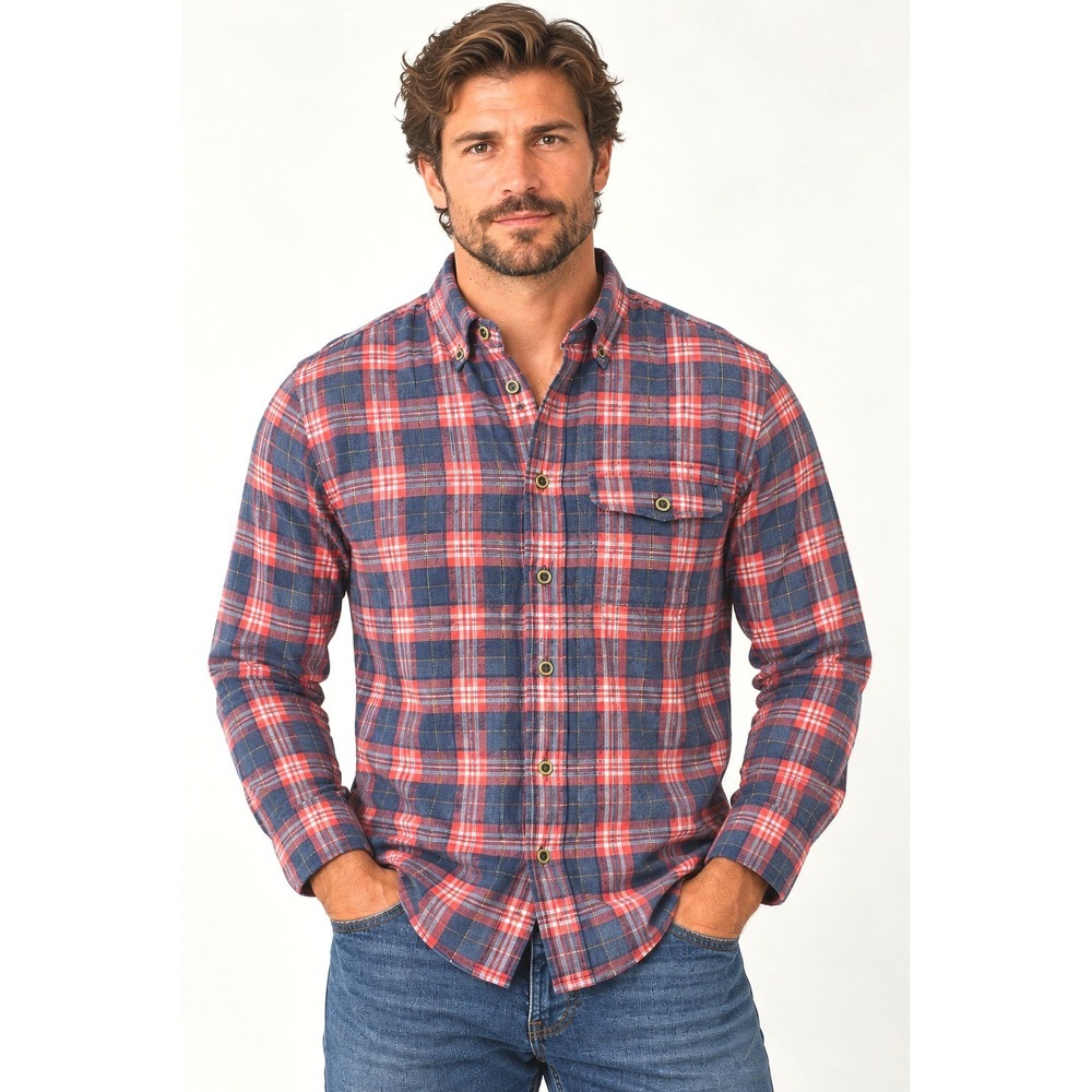 ROWM 100% Cotton Mens Large Plaid Long Sleeve Button Down Shirt Blue Red